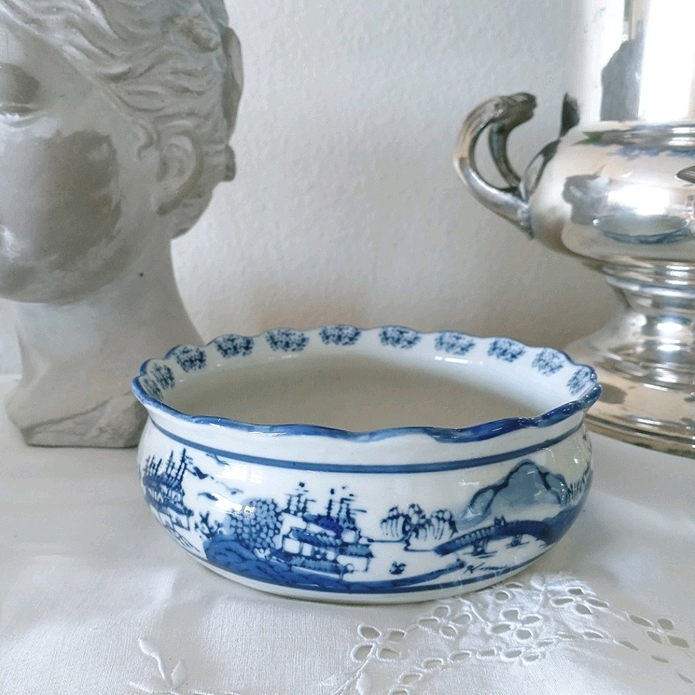 Blue Japanese Pottery Bowl Planter Display